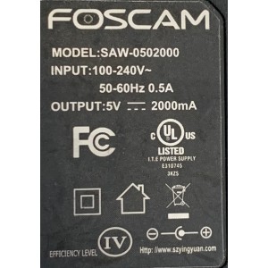 CARGADOR / ADAPTADOR DE FUENTE DE ALIMENTACION FOSCAM  VCA-VCD / NUMERO DE PARTE SAW-0502000 / E310745 / ENTRADA VCA 100-240V~ 50-60HZ 0.5A / SALIDA VCD 5V 2000MA / MODELO SAW-0502000